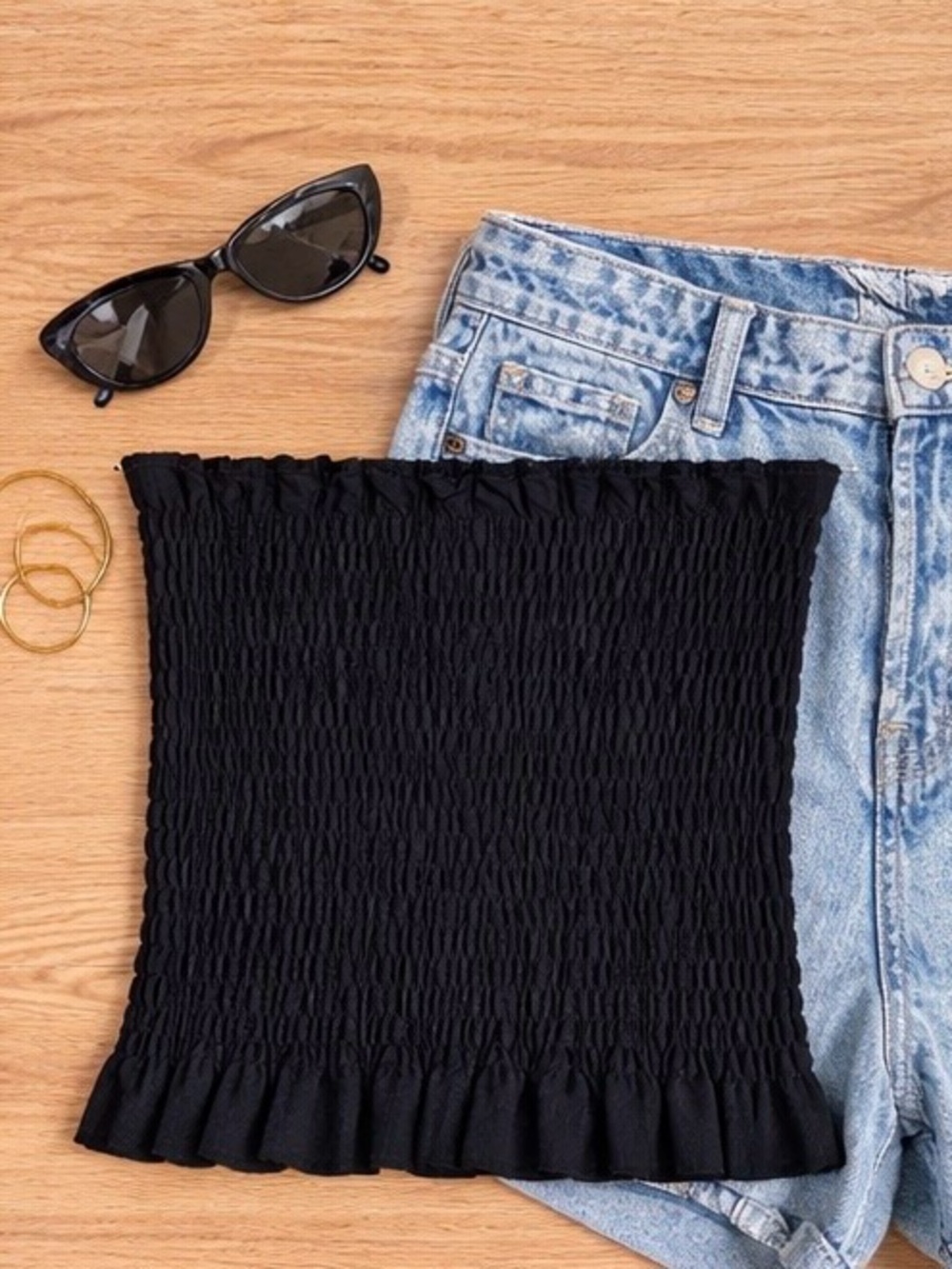 She + Sky Black Smocked Ruffle Tube Top